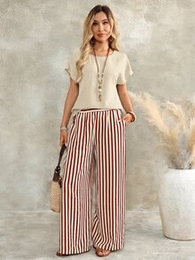 EMERY ROSE Women's Solid Color Round Neck Short Sleeve Shirt And Striped Wide Leg Pants Set Vacation Beige Summer Casual Brunch Vacation - Red - View 9