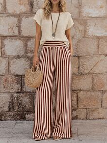EMERY ROSE Women's Solid Color Round Neck Short Sleeve Shirt And Striped Wide Leg Pants Set Vacation Beige Summer Casual Brunch Vacation - Red - View 1