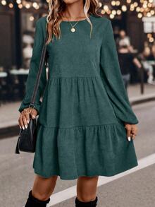 EMERY ROSE Women's Lantern Sleeve Dress With Ruffled Hemline Fall Cloth For Women - Dark Green - View 7