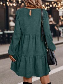 EMERY ROSE Women's Lantern Sleeve Dress With Ruffled Hemline Fall Cloth For Women - Dark Green - View 2