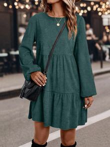 EMERY ROSE Women's Lantern Sleeve Dress With Ruffled Hemline Fall Cloth For Women - Dark Green - View 5