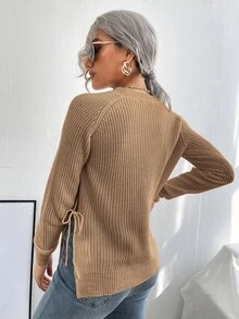 EMERY ROSE pull à manches raglan avec nœud fendu sur le côté, Top tricoté à manches longues pour l'automne et l'hiver - Camel - Voir 2