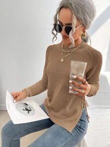 EMERY ROSE pull à manches raglan avec nœud fendu sur le côté, Top tricoté à manches longues pour l'automne et l'hiver - Camel - Voir 5