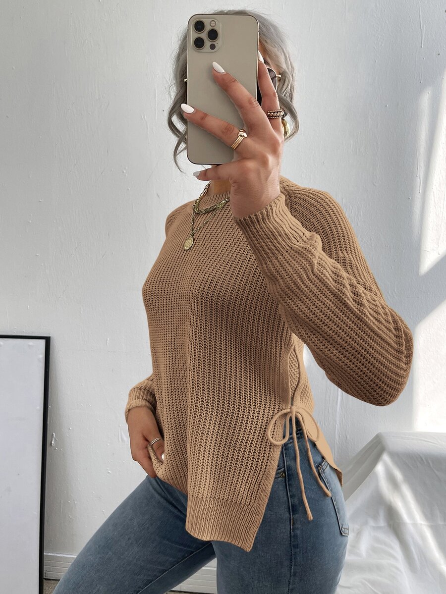EMERY ROSE pull à manches raglan avec nœud fendu sur le côté, Top tricoté à manches longues pour l'automne et l'hiver - Camel - Voir 1