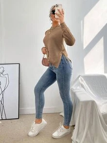 EMERY ROSE pull à manches raglan avec nœud fendu sur le côté, Top tricoté à manches longues pour l'automne et l'hiver - Camel - Voir 6