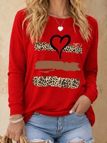 EMERY ROSE Camiseta de manga larga con estampado de corazón de leopardo para el Día de San Valentín - Rojo - Ver 1