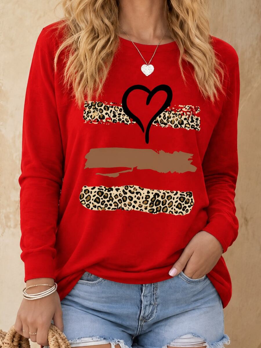 EMERY ROSE Camiseta de manga larga con estampado de corazón de leopardo para el Día de San Valentín - Rojo - Ver 1