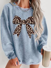 EMERY ROSE Leopard Print Bow Graphic Casual Crew Neck Fleece Long Sleeve Sweatshirt, A Gift For Friends, Autumn/Winter - Baby Blue - View 3