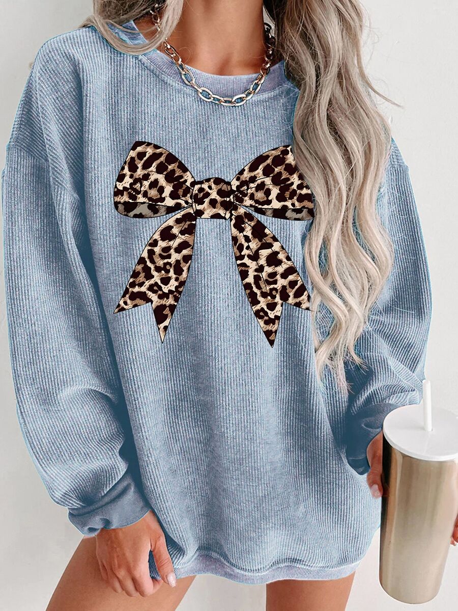 EMERY ROSE Leopard Print Bow Graphic Casual Crew Neck Fleece Long Sleeve Sweatshirt, A Gift For Friends, Autumn/Winter - Baby Blue - View 1