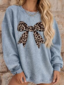 EMERY ROSE Leopard Print Bow Graphic Casual Crew Neck Fleece Long Sleeve Sweatshirt, A Gift For Friends, Autumn/Winter - Baby Blue - View 1