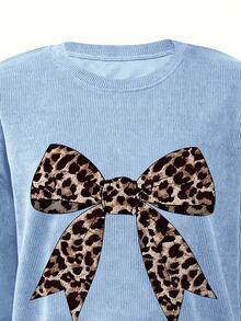 EMERY ROSE Leopard Print Bow Graphic Casual Crew Neck Fleece Long Sleeve Sweatshirt, A Gift For Friends, Autumn/Winter - Baby Blue - View 4