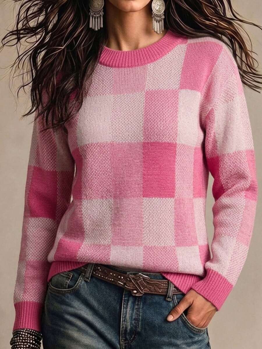 EMERY ROSE Women's Casual Plaid Crew Neck Long Sleeve Sweater, Autumn/Winter - Pink - View 1