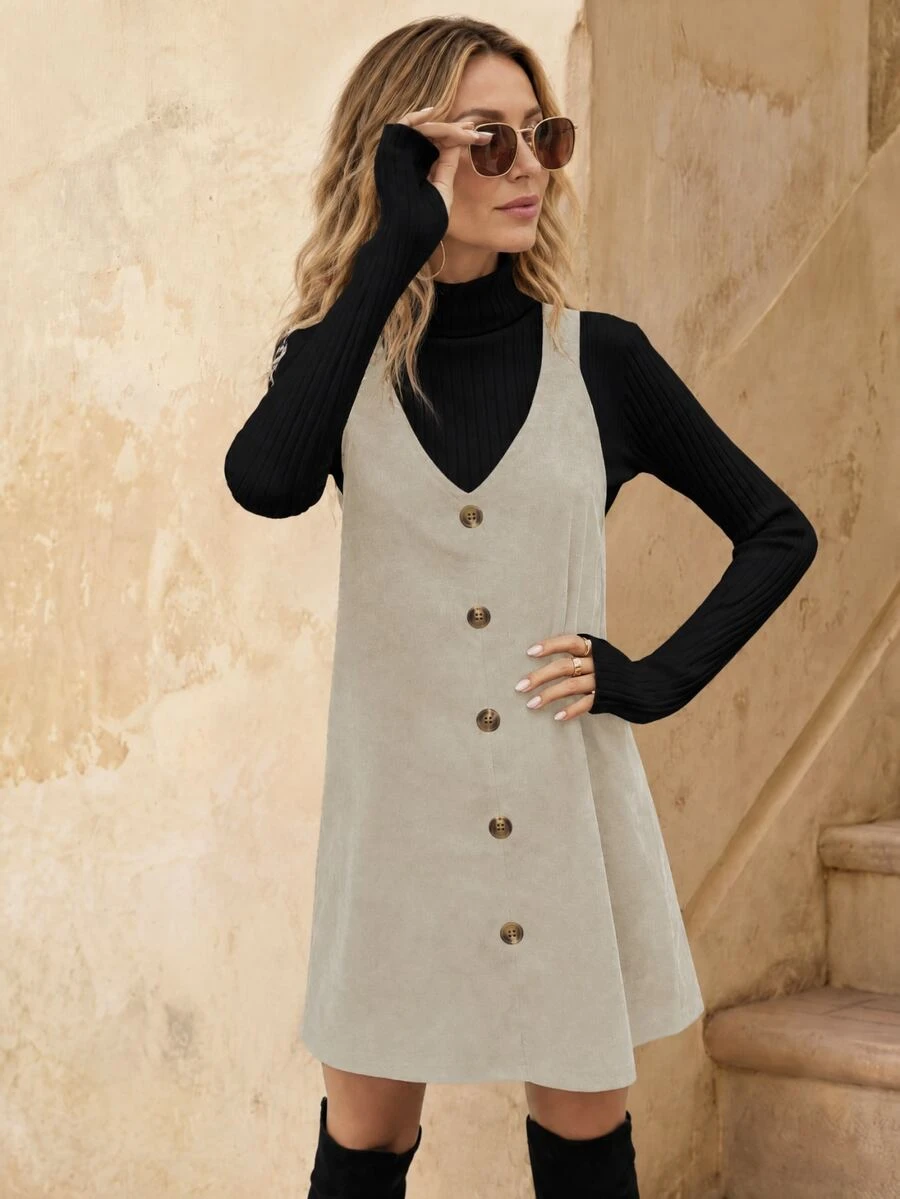 EMERY ROSE Vestido casual sin mangas con cuello en V y botones de unicolor para mujer - Albaricoque - Ver 1