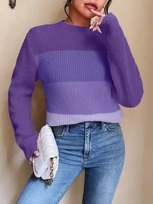 EMERY ROSE Women Gradient Purple Color Block Mock Neck Ribbed Knit Crop Sweater, Long Sleeve Slim Casual Autumn Pullover Jumper - Purple - View 6