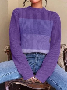 EMERY ROSE Women Gradient Purple Color Block Mock Neck Ribbed Knit Crop Sweater, Long Sleeve Slim Casual Autumn Pullover Jumper - Purple - View 7