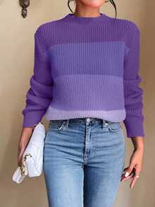 EMERY ROSE Women Gradient Purple Color Block Mock Neck Ribbed Knit Crop Sweater, Long Sleeve Slim Casual Autumn Pullover Jumper - Purple - View 4