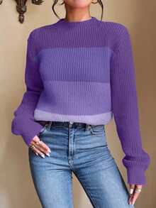 EMERY ROSE Women Gradient Purple Color Block Mock Neck Ribbed Knit Crop Sweater, Long Sleeve Slim Casual Autumn Pullover Jumper - Purple - View 3