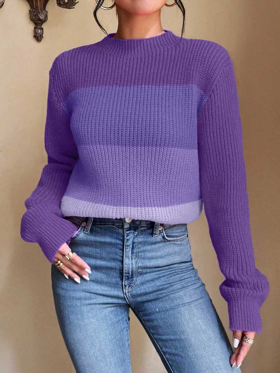 EMERY ROSE Women Gradient Purple Color Block Mock Neck Ribbed Knit Crop Sweater, Long Sleeve Slim Casual Autumn Pullover Jumper - Purple - View 1