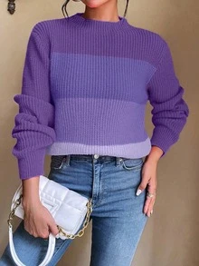 EMERY ROSE Women Gradient Purple Color Block Mock Neck Ribbed Knit Crop Sweater, Long Sleeve Slim Casual Autumn Pullover Jumper - Purple - View 5