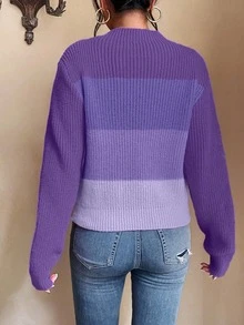 EMERY ROSE Women Gradient Purple Color Block Mock Neck Ribbed Knit Crop Sweater, Long Sleeve Slim Casual Autumn Pullover Jumper - Purple - View 2