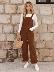 EMERY ROSE Autumn/Winter Solid Color Pocket Design Corduroy Overall Jumpsuit - Brown - View 2