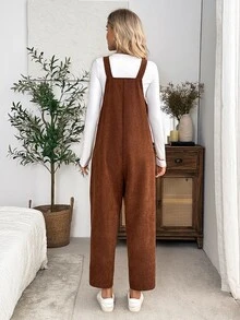 EMERY ROSE Autumn/Winter Solid Color Pocket Design Corduroy Overall Jumpsuit - Brown - View 3