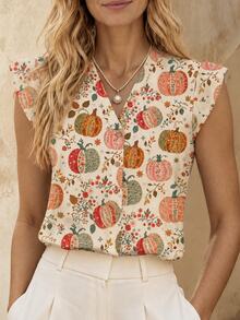 EMERY ROSE Women's Casual Cottagecore Minimalist Thanksgiving Pumpkin Maple Leaf V-Neck Blouse Everyday Daytime Beige Summer - Multicolor - View 3