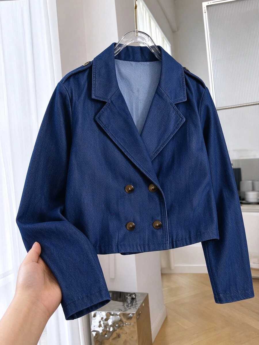 Tween Girls Fall Winter Faux Denim Crop Trench Coat, Double Breasted Lapel Collar Short Jacket Outerwear With Epaulets - Blue - View 1