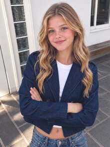 Tween Girls Fall Winter Faux Denim Crop Trench Coat, Double Breasted Lapel Collar Short Jacket Outerwear With Epaulets - Blue - View 7