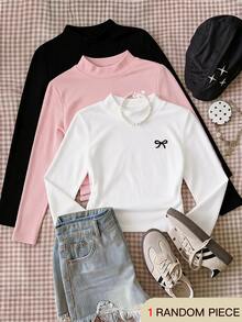 SHEIN Tween Girl Bow Pattern Casual Preppy Basic Cute Everyday School Long Sleeve T-Shirt White And Black Winter Style - White - View 1