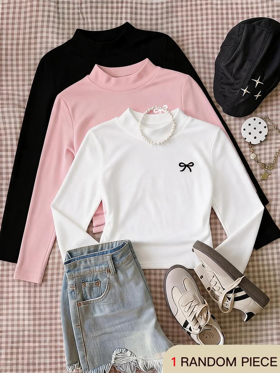 SHEIN Tween Girl Bow Pattern Casual Preppy Basic Cute Everyday School Long Sleeve T-Shirt White And Black Winter Style - White - View 1