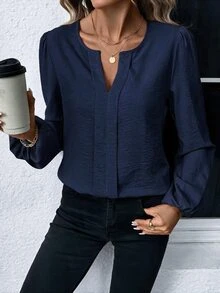 Easowa 女款圓領V領燈籠泡泡長袖襯衫，抗皺面料，休閒商務休閒寬鬆優雅通勤辦公秋季 - 藏蓝色 - 查看 10