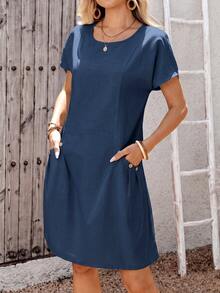 EMERY ROSE Women's Summer Casual Modest Solid Color Short Sleeve Mini Dress Daytime City Break Holiday All Black Travel Vacation Office Everyday Brunch Work - Navy Blue - View 4