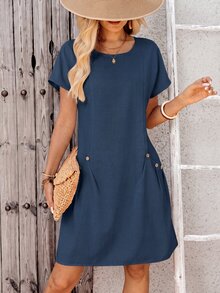 EMERY ROSE Women's Summer Casual Modest Solid Color Short Sleeve Mini Dress Daytime City Break Holiday All Black Travel Vacation Office Everyday Brunch Work - Navy Blue - View 3