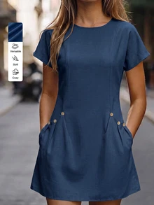 EMERY ROSE Women's Summer Casual Modest Solid Color Short Sleeve Mini Dress Daytime City Break Holiday All Black Travel Vacation Office Everyday Brunch Work - Navy Blue - View 1