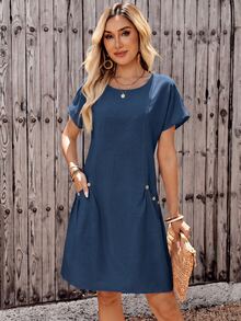 EMERY ROSE Women's Summer Casual Modest Solid Color Short Sleeve Mini Dress Daytime City Break Holiday All Black Travel Vacation Office Everyday Brunch Work - Navy Blue - View 7