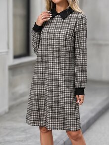 EMERY ROSE Women's Casual Preppy Elegant Plaid Mini Dress For Commuting Office Brunch, Fall Black And White - Black and White - View 3
