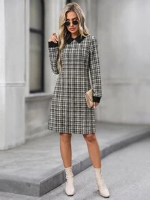 EMERY ROSE Women's Casual Preppy Elegant Plaid Mini Dress For Commuting Office Brunch, Fall Black And White - Black and White - View 5