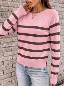 Easowa Pink Stripe And And And Pattern Sweater, Fall/ Style Brunch Casual French Brunch - Pink - View 8