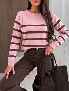 Easowa Pink Stripe And And And Pattern Sweater, Fall/ Style Brunch Casual French Brunch - Pink - View 10