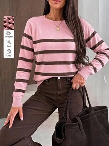 Easowa Pink Stripe And And And Pattern Sweater, Fall/ Style Brunch Casual French Brunch - Pink - View 1