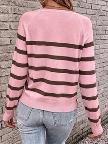 Easowa Pink Stripe And And And Pattern Sweater, Fall/ Style Brunch Casual French Brunch - Pink - View 5