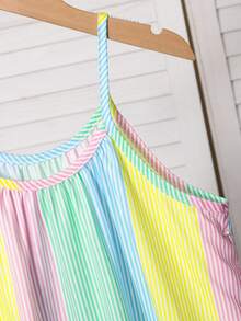 SHEIN Tween Girls Rainbow Striped Printed Camisole Hem Ruffle Vacation Casual Tropical Cute Mini Dress, Daily, Outfit Pink And White Striped Summer - Multicolor - View 5