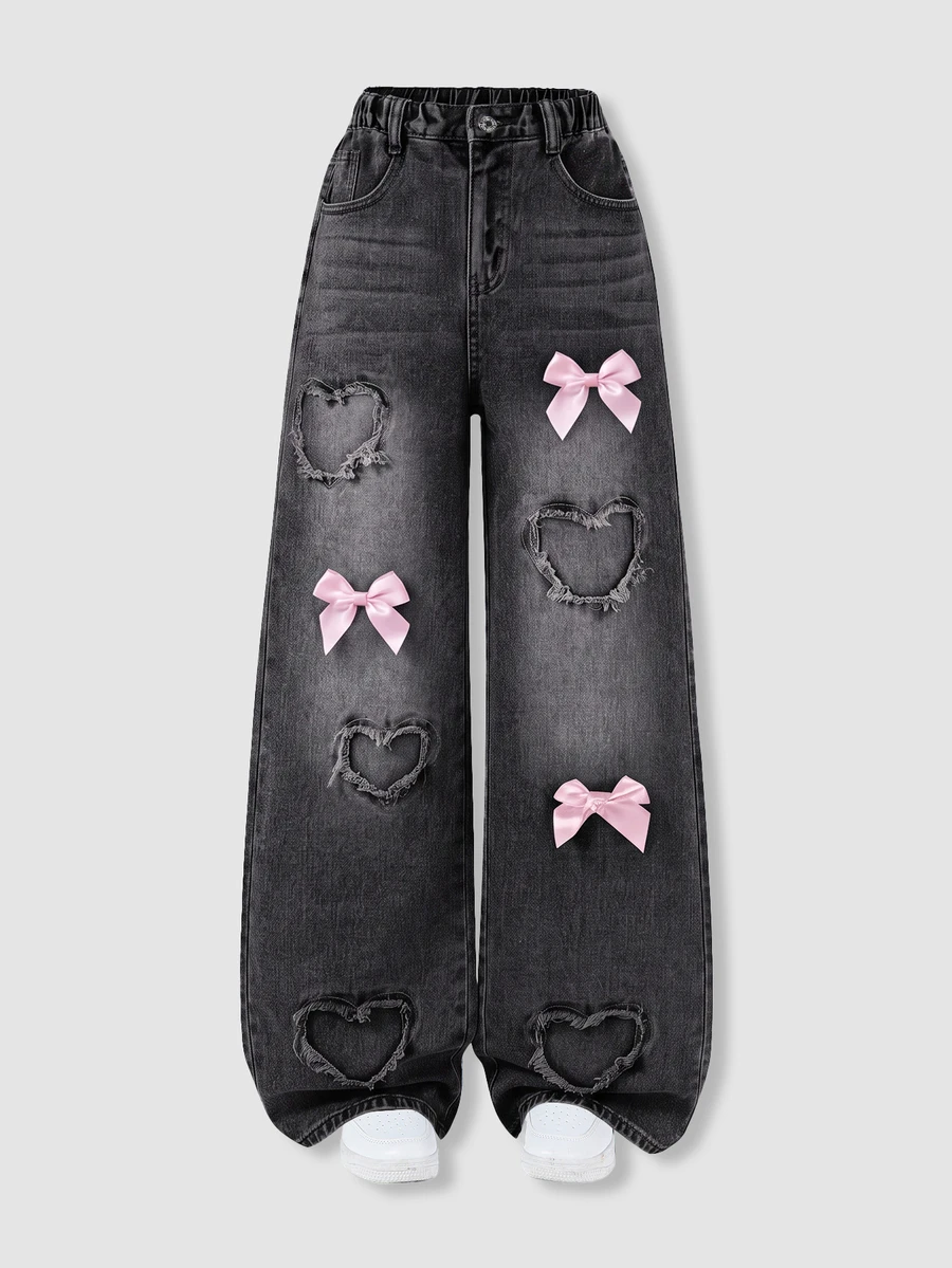 SHEIN Teen Girls Casual Streetwear Cute Denim Jeans, Comfortable Loose Fit, Versatile Daily Wear, Autumn Fall Back To School Prom - Black - View 1