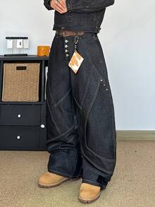 STEELVANCE Men's Graphic Design Loose Fit Wide Leg Dark Wash Baggy Jeans New Vintage Streetwear (Belt And Accessories Not Included) - Black - View 4