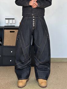 STEELVANCE Men's Graphic Design Loose Fit Wide Leg Dark Wash Baggy Jeans New Vintage Streetwear (Belt And Accessories Not Included) - Black - View 6