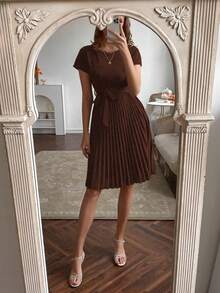 SHEIN Pleated Hem Self Belted Dress Burgundy Color Women Outfit - Coffee Brown - View 7
