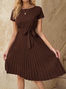 SHEIN Pleated Hem Self Belted Dress Burgundy Color Women Outfit - Coffee Brown - View 1