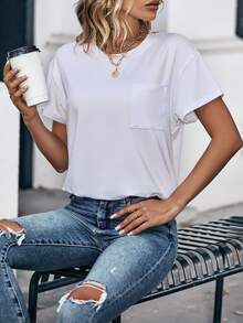 EMERY ROSE Solid Pocket Patched Drop Shoulder Tee - White - View 4