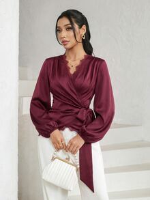 Feyla 女款法式蕾絲拼接長袖優雅緞面襯衫，適合晚餐、辦公場合，酒紅色，秋季新年新款 - 酒紅色 - 查看 5